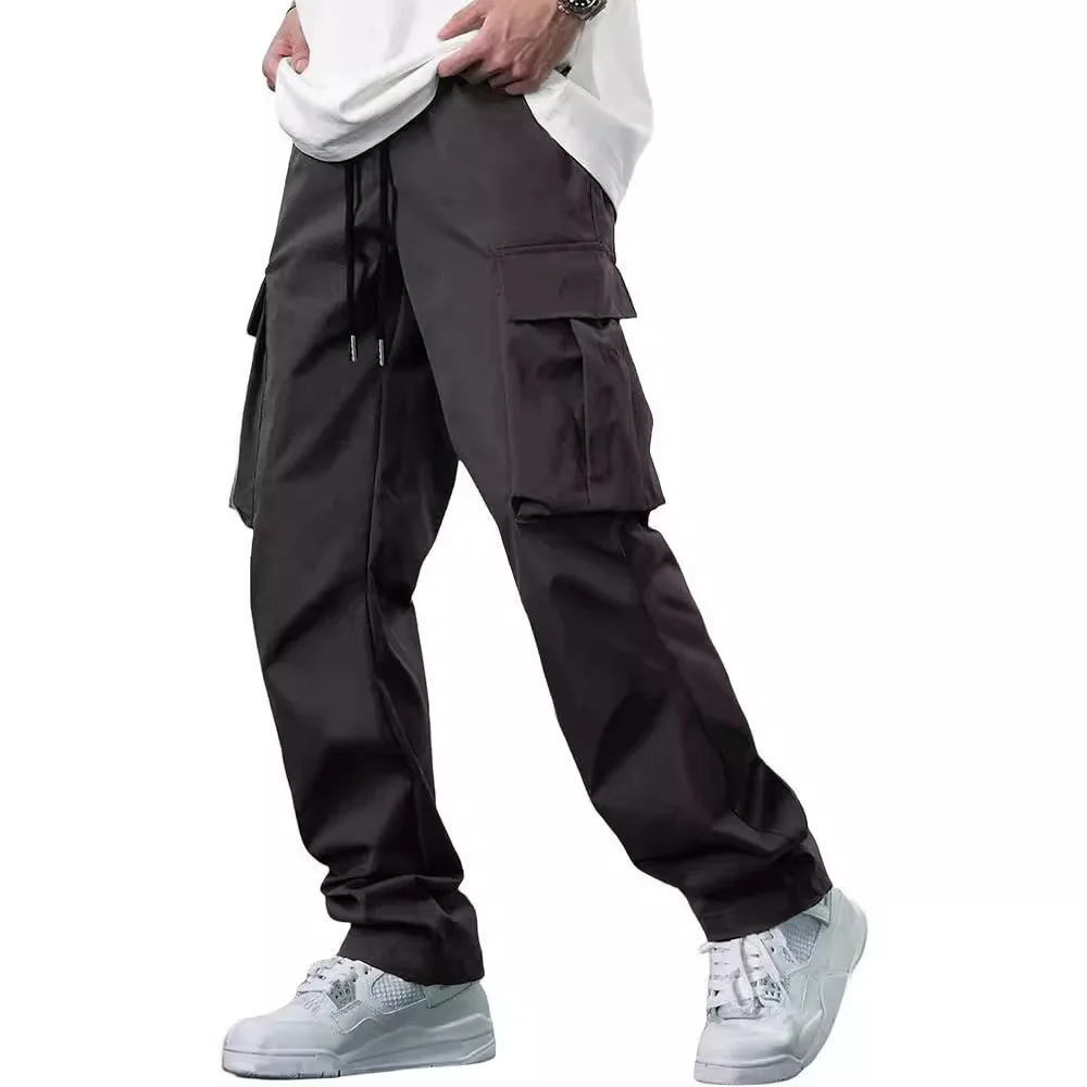 2024 Men's Summer New Workwear Pants Solid Color Drawstring Multi Pocket Straight Leg Pants Youth Casual Straight Leg Pants
