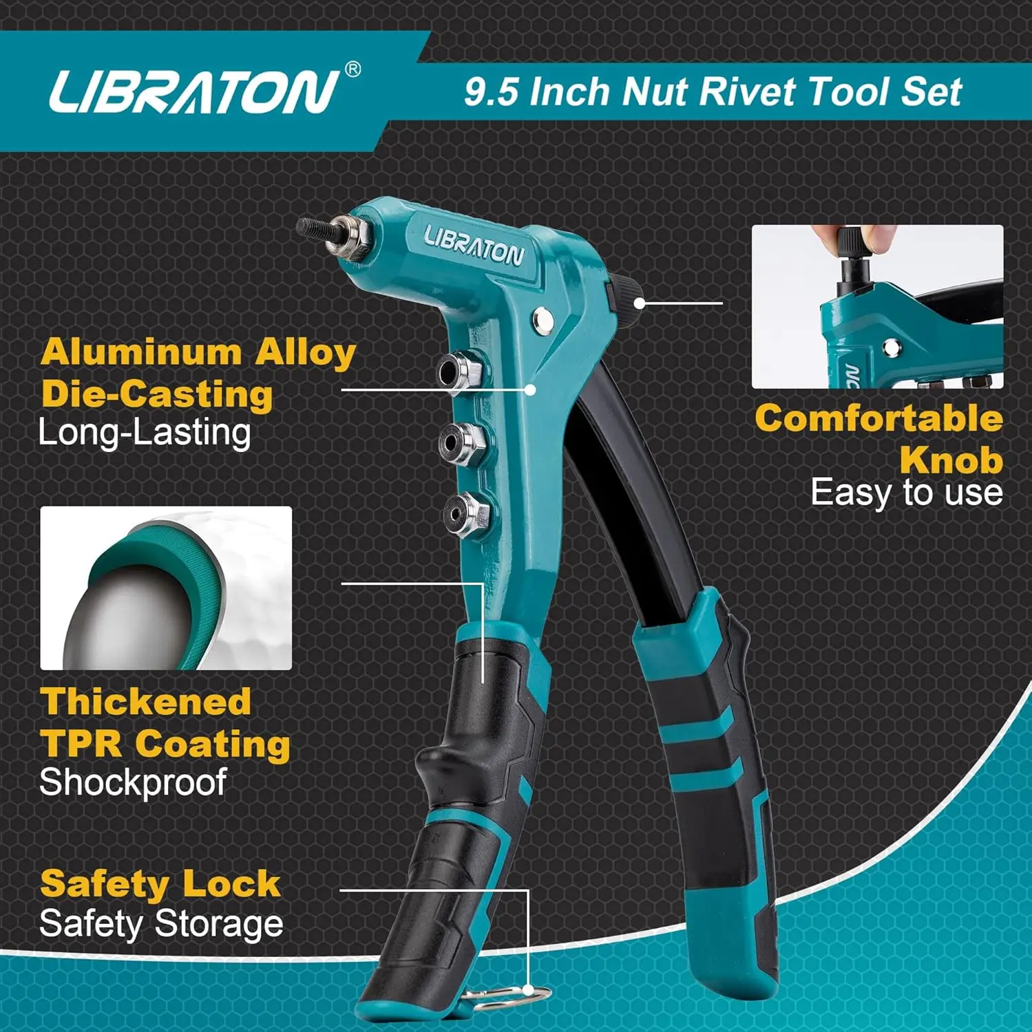 LIBRATON Rivet Nut Gun Kit, 9.5 Inch One-Handed Nut Rivet Gun with 80PCS Threaded Nuts Metric M3-M6 & SAE 6-32" to 1/4-20"