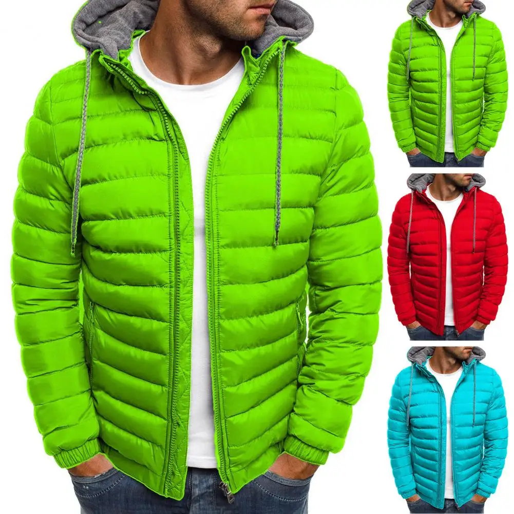 

Men Fall Winter Jacket Hooded Padded Thick Warm Cotton Coat Windproof Long Sleeve Zipper Closure Cardigan Soft Men Outdoor Coat