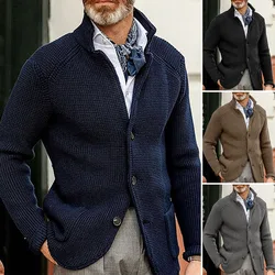 Mens Stand Collar Knitted Coat Long Sleeve Sweater Cardigan Jacket Solid Color Thick Warm Casual Cardigan Knitting Sweatercoat