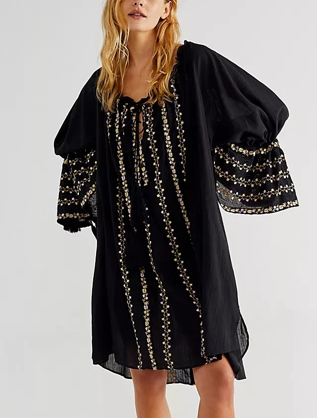 

Tunic Oversize Loose Boho Vestidos Bohemia Floral Embroidery Summer Dress 2023 Cotton Vintage Flare Sleeve Dresses Women Robe