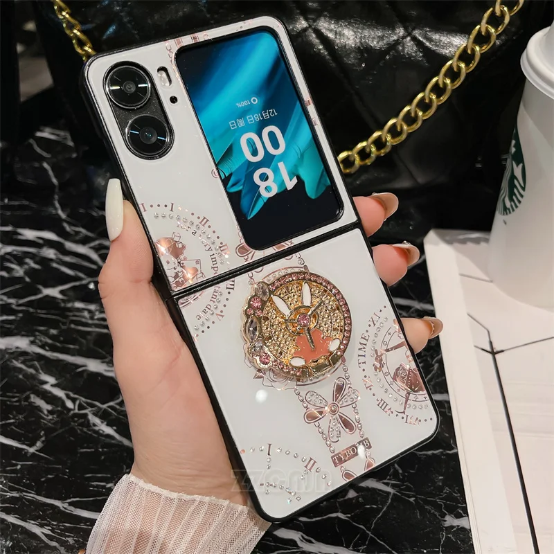 Per Oppo Find N2 Flip Case Luxury Shiny Glitter Diamond Rhinestone Stand Hard Ring Holder Retro Style Rabbit Clock Cover