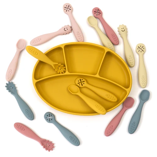 아기 식기 세트에 대 한 3PCS 실리콘 숟가락 포크 먹이 음식 유아 식사 훈련 학습 부드러운 포크 칼 어린이 식기 3