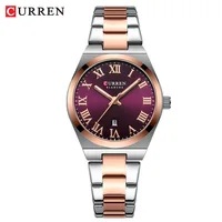 CURREN 9095 Women's Quartz Watch Fashion Calendar Waterproof Night Light Rose Gold Purple Women's Stainless Steel Strap часы