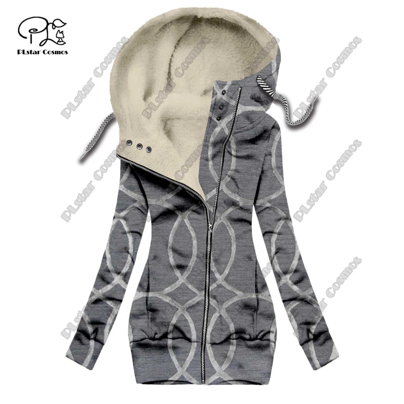 New 3D printing retro series carpet print pattern plus velvet warm women's long zipper hoodie jacket commuting casual winter F-7