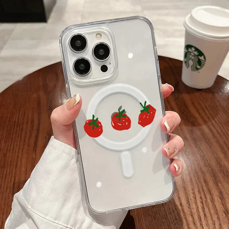 Adorable Fruit Cartoon Shockproof Transparent Phone Case with MagSafe Compatibility