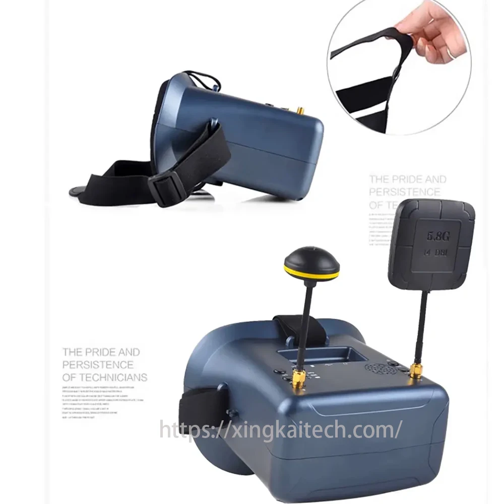 Utilisateur portant les lunettes FPV 5.8G 40CH 4.3 pouces, câble connecté à un drone RC, scène de course FPV.