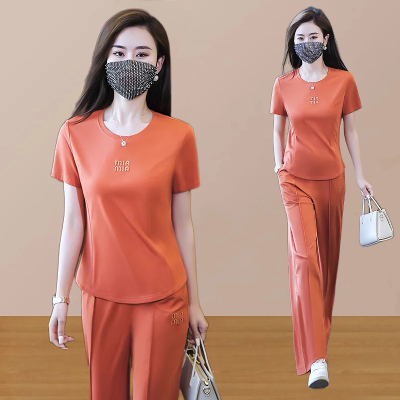 Sports Clothing Set for Women's Summer 2024 New Loose and Fashionable Age Reducing Round Neck Pants Casual Two-piece Set Trend