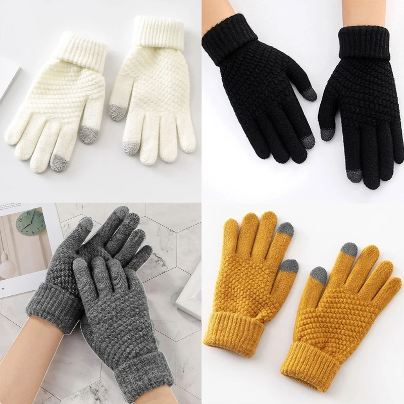 

Зимние теплые вязаные перчатки с длинными пальцами для мужчин и женщин, однотонные шерстяные варежки с сенсорным экраном, теплые