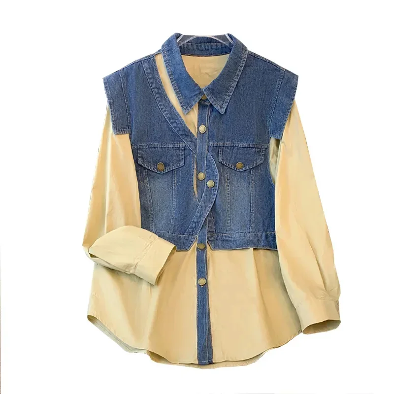 

2024 Spring Autumn New Denim Jacket Fashion Design Sense Irregular Long Sleeve Tops Fashion Stitching Denim Coat Shirt Female