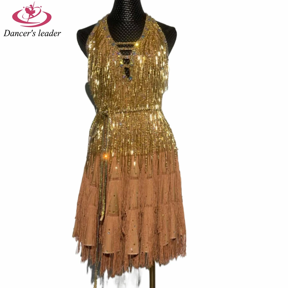 Latin Dance Dress High-end Custom Sleeveless Golden Chain Tassel Dance Dress  Cha Cha Tango Stage Professional Clothing