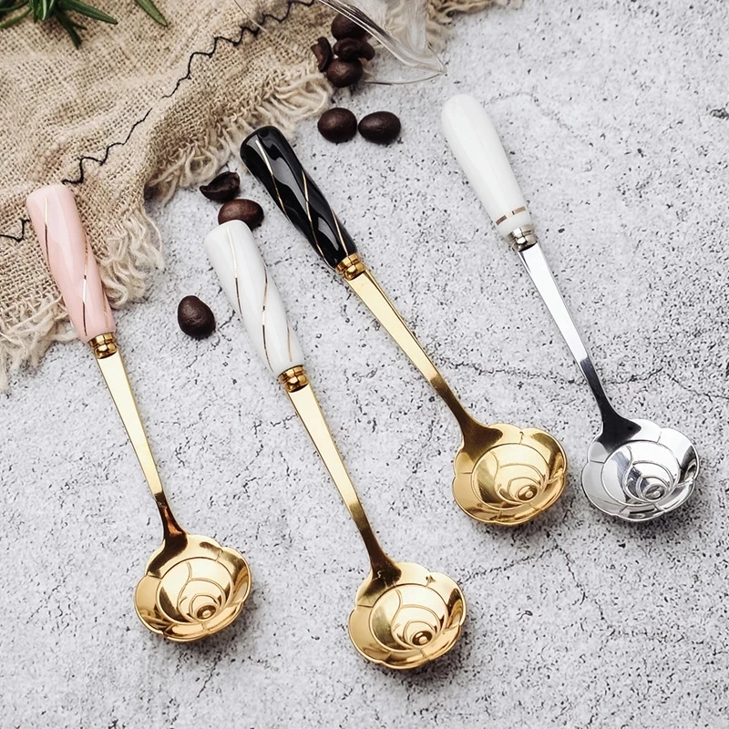 

2022 New Stainless Steel Flower Spoon Ceramic Handle Spoon Mixing Spoon Elegant Coffee Dessert Flower Spoon Tableware