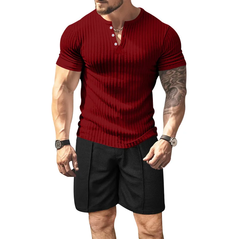 2024 Summer New Men's Sportwear Solid Color Jacquard Button Short-sleeved Round Neck T-shirt Shorts Two-piece Men's Clothing