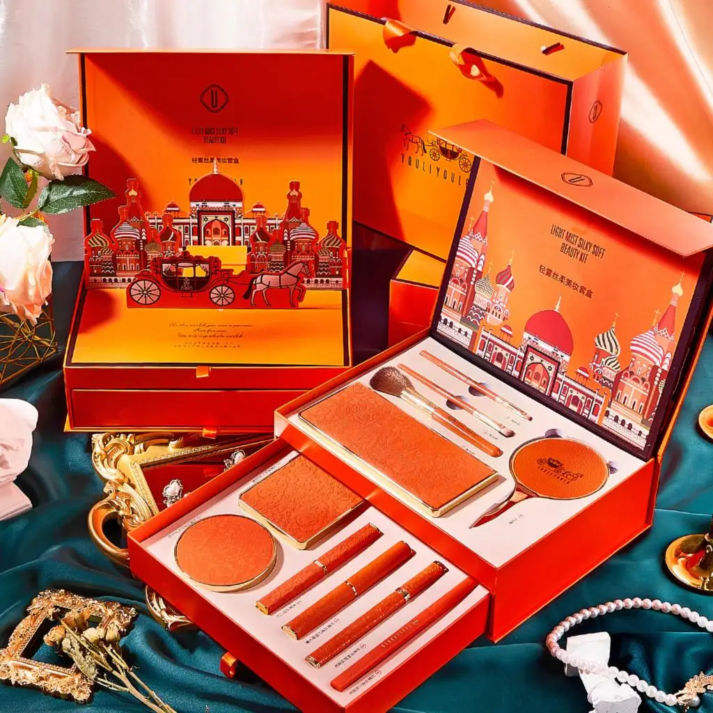 

Роскошный оранжевый набор косметики для макияжа в китайском стиле Подарочная коробка помада подводка для глаз воздушная Подушка BB крем тени для век набор на День святого Валентина