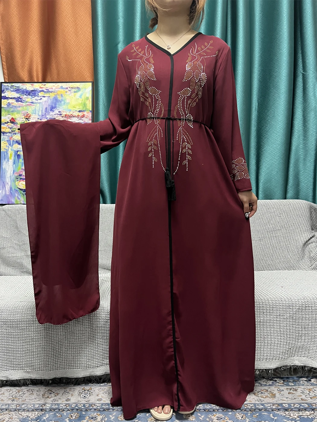 Muslim Abayas For Women Dubai Islam Pure  Set Auger Chiffon Ramadan Loose Fit Femme Robe African Nigeria Dress With Belt Turban