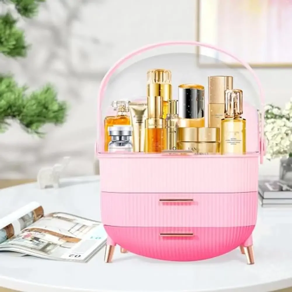 Portable Oval Cosmetics Organizer with Compartment Drawers Makeup Storage Box Vanity Dresser Clear Lid Easy Access Ideal Gifts 2