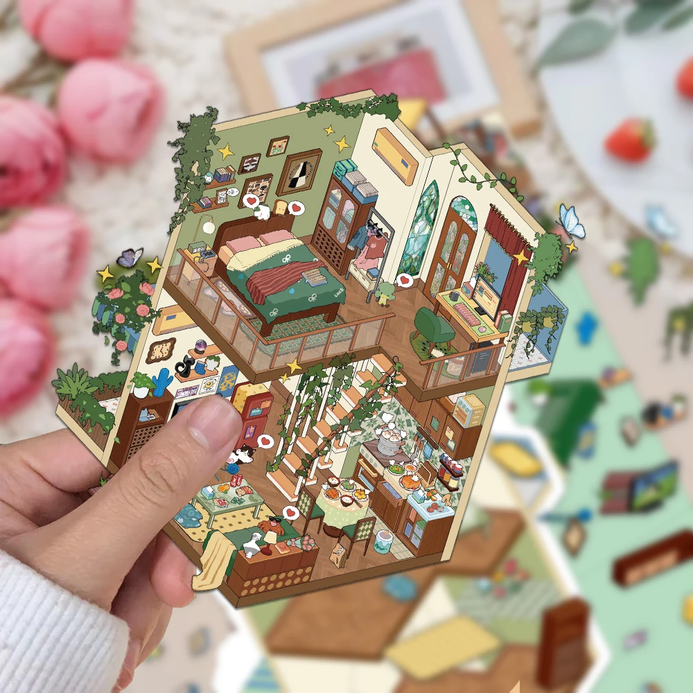 3PCS 크리 에이 티브 미니어처 수축 세계 숲 거주 작은 건물 풍경 스티커 DIY 틈새 PET 소재 스티커