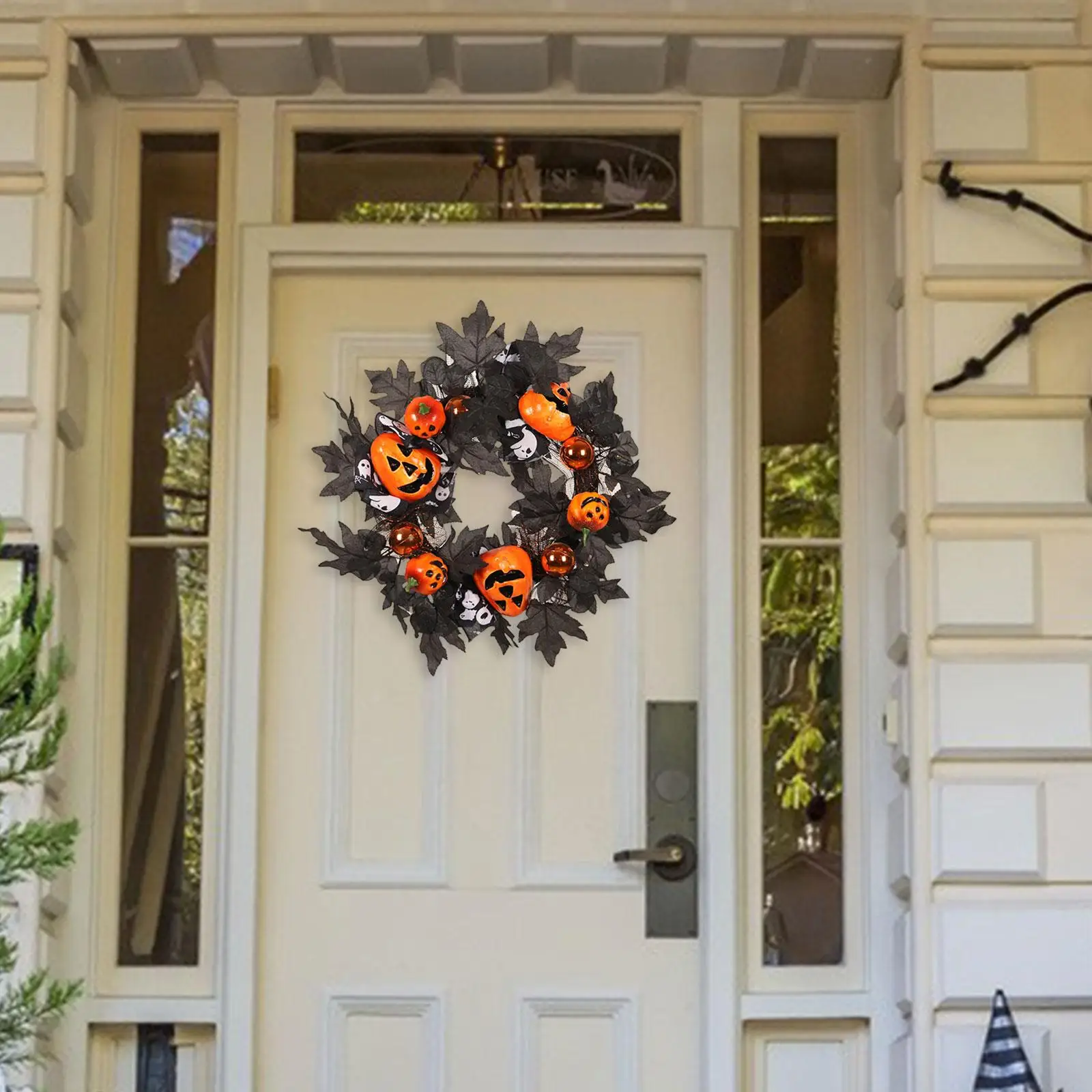 

Halloween Wreath Hanging with Ribbon for Front Door with Black Leaves 16 inch Pumpkin Wreath for Home Door Window Porch Outdoor