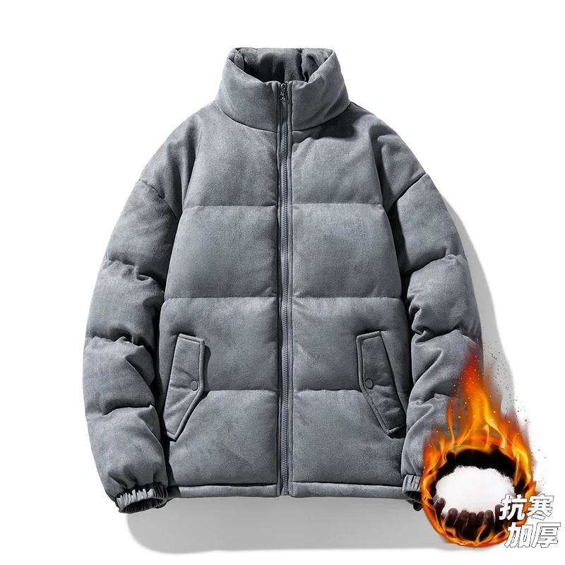 Winter New Men Stand-up Collar Faux Suede Puffer Jacket Retro Parkas Coat Men Solid Color Fashion Oversize Warm Thick Jacket