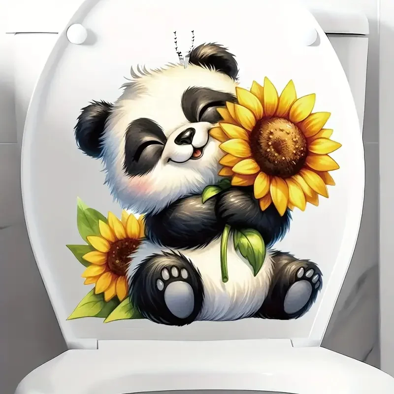 Cute Panda Sunflower Toilet Lid Decal PVC Self-Adhesive Waterproof Bathroom Sticker