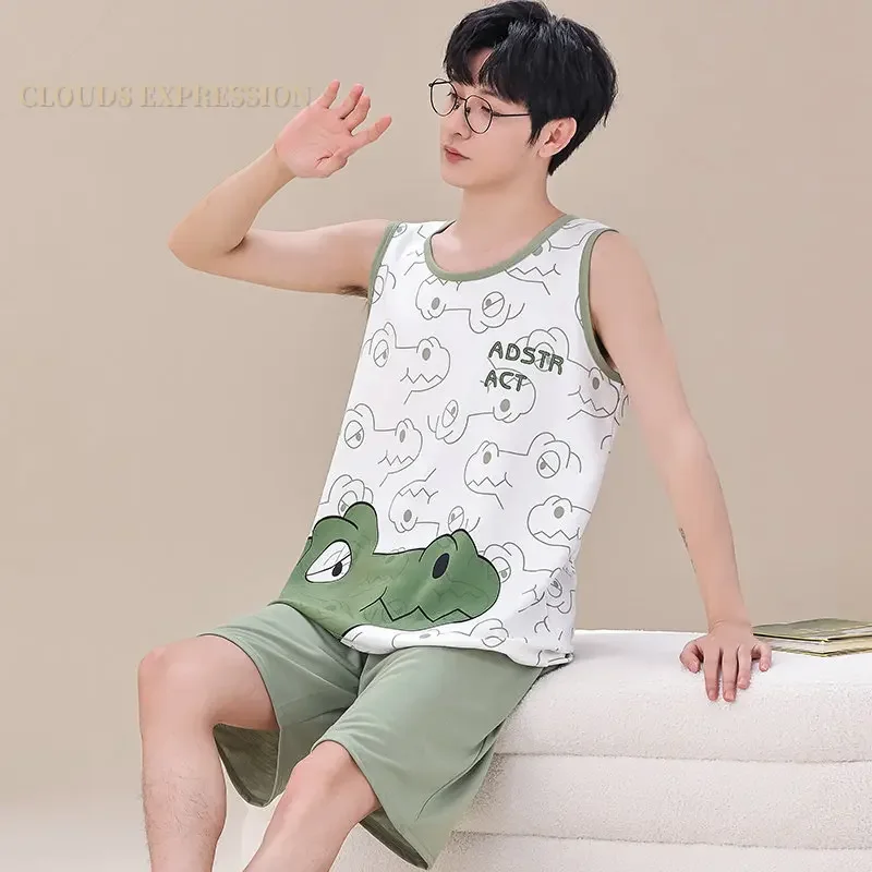 Cartoon Dinosaur Boys Pyjamas Knitted Mens Pajamas Sets Sleepwear Nightwear Loungewear Summer 4XL pajama sets