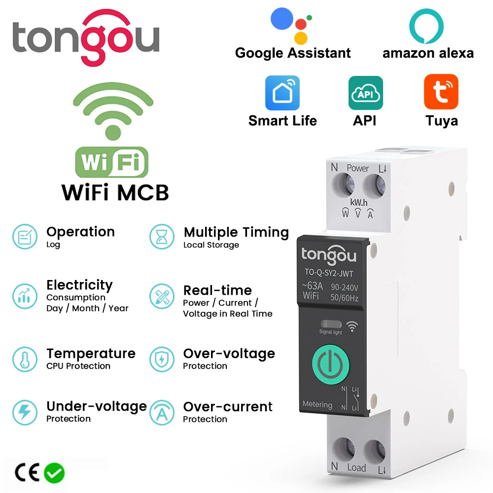 TUYA WiFi Smart Circuit Breaker Over current under voltage protection power metering 1-63A wireless Remote Control Switch TONGOU circuit breaker,smart switch