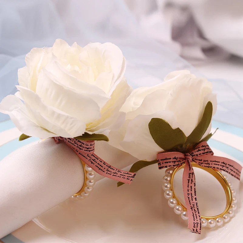 

Rose Flower Style Napkin Ring Creative Pearl Napkin Buckle Home Dinner Table Banquet Ornaments Wedding Napkin Holder 12pcs/lot