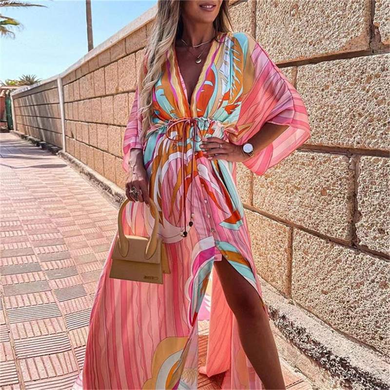 

2023 Women Summer Swimsuit Cover Up Sleeve Kaftan Beach Tunic Dress Robe De Solid White Cotton Pareo High Collar Beachwear