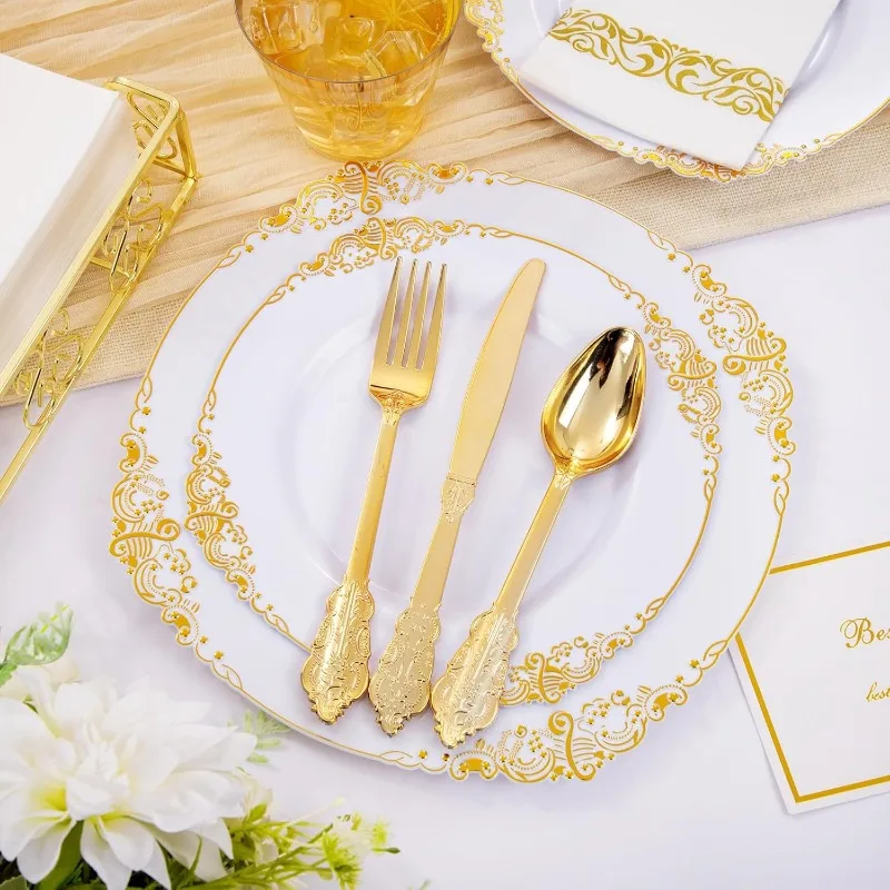 350PCS White and Gold Plastic Plates & Gold Plastic Silverware&Disposable Dinnerware Set-Include 50Dinner Plates