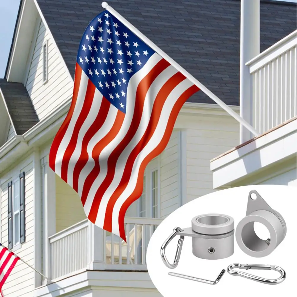 Tangle-free Flag Pole Ring Heavy Duty Alloy Flag Pole Mounting Ring Clip Set with 360 Degrees Rotating Carabiner Wrench for Easy