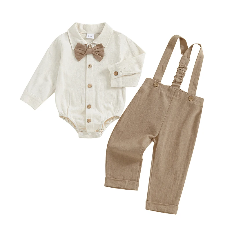 Baby Boys 2PCS Outfit Sets Long Sleeve Lapel Button Up Romper Solid Color Suspender Pants Sets 1
