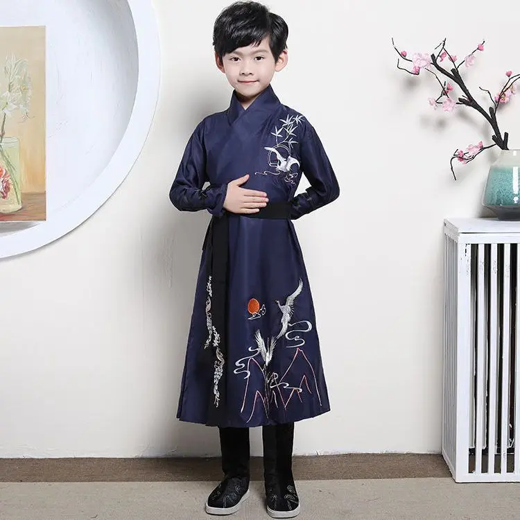 

Chinese Ancient Hanfu Kids Boys Girls Cosplay Costume Long Sleeve Print Crane Tang Suit Folk Dance Dress Children Clothes