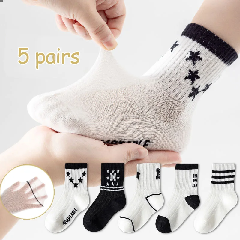 5 pairs of children's socks Summer thin mesh socks for girls boys mid-tube socks Large cotton socks for children