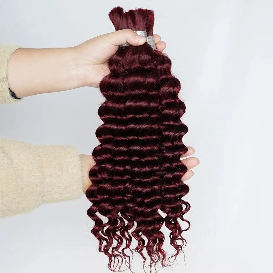#99j Burgundy Human Hair Bulk for Braiding 16-24 inch Dark Wine Deep Wave Jerry Curly Boho Braids Hair Bulk Extension Bobbi human hair extensions,human hair bundles,braiding hair extensions,human braiding hair