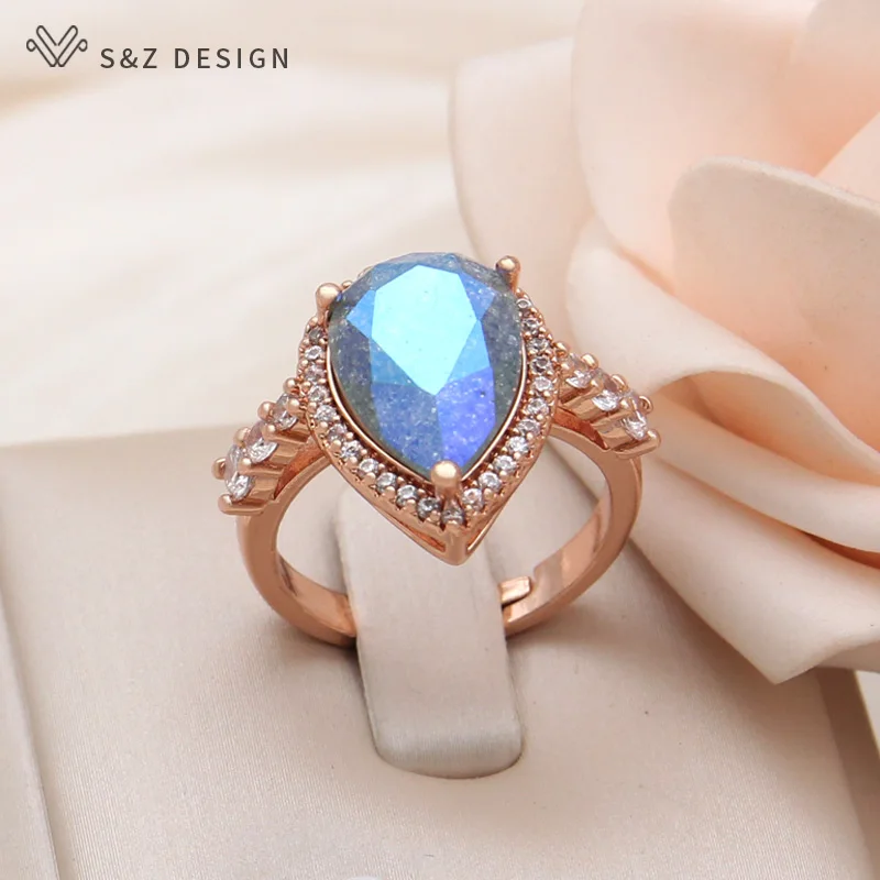 S&Z DESIGN New Fashion Water Drop Ice Crack Crystal Adjustable Rings For Women Luxury 585 Rose Gold Color Cubic Zirconia Jewelry