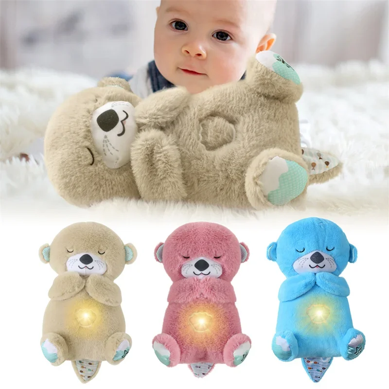 Breathing Otter Plush Toy Pet Cat Nap Sensory with Light and Sound Newborn Baby Gift Baby Musical Doll 30cm for Soothing Sleep