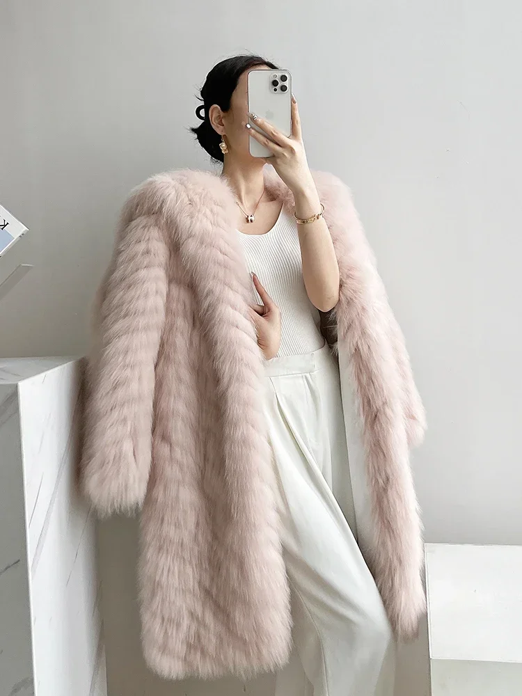 Long Imported Fox Fur Coat Strip Navy Collar Fur Coat Winter 2023 Women's Clothing Office Lady Thick Warm Fur Knitted Jackets1Pc