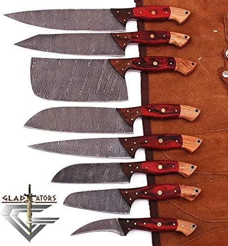 Damascus steel chef kitchen knife set with leather carry bag