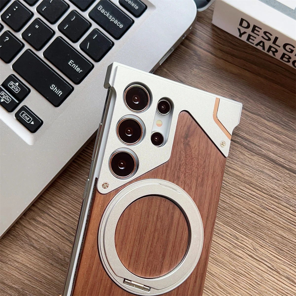 Aluminum Alloy Frameless Magnetic Holder Phone Case with Wooden Hard Cover
