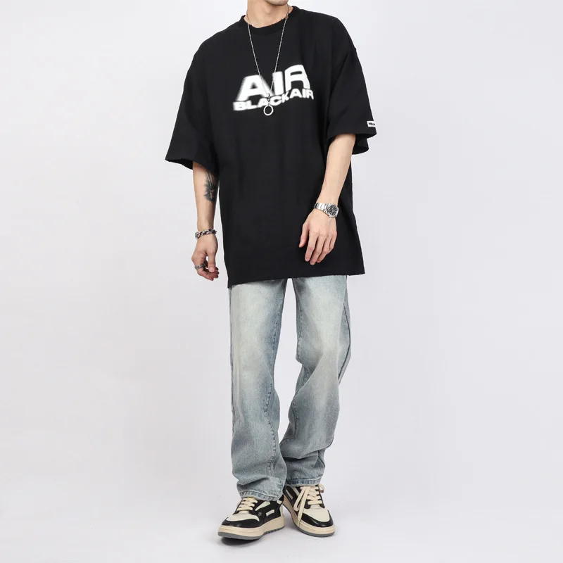 High Street Retro Washed Straight Slim Jeans Men Fashion Streetwear Full Length Denim Pants Casual Trousers