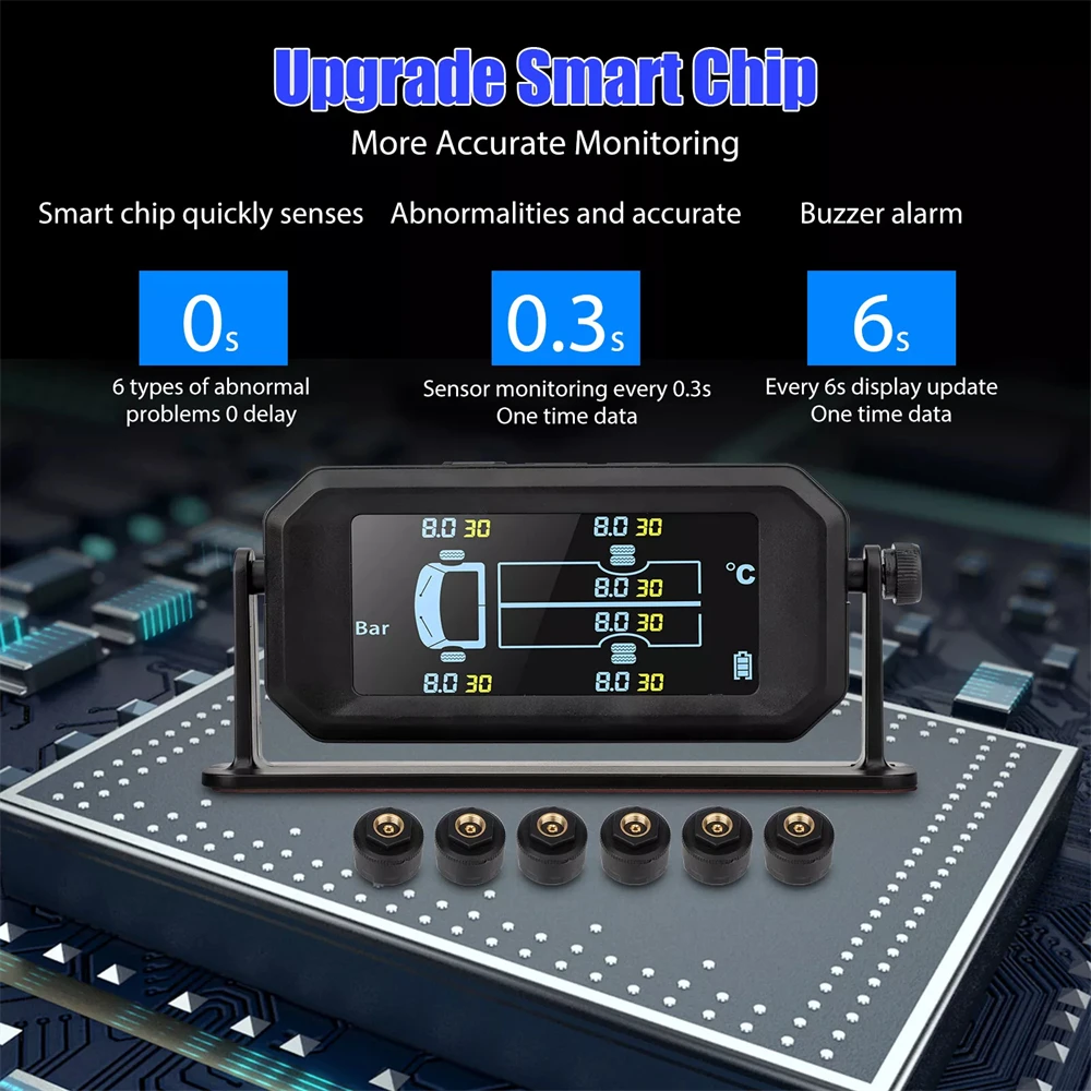 Car TPMS Solar Tire Pressure Monitoring System HD Color Screen Tire Pressure Temperature Safety Alarm with 6 External Sensors