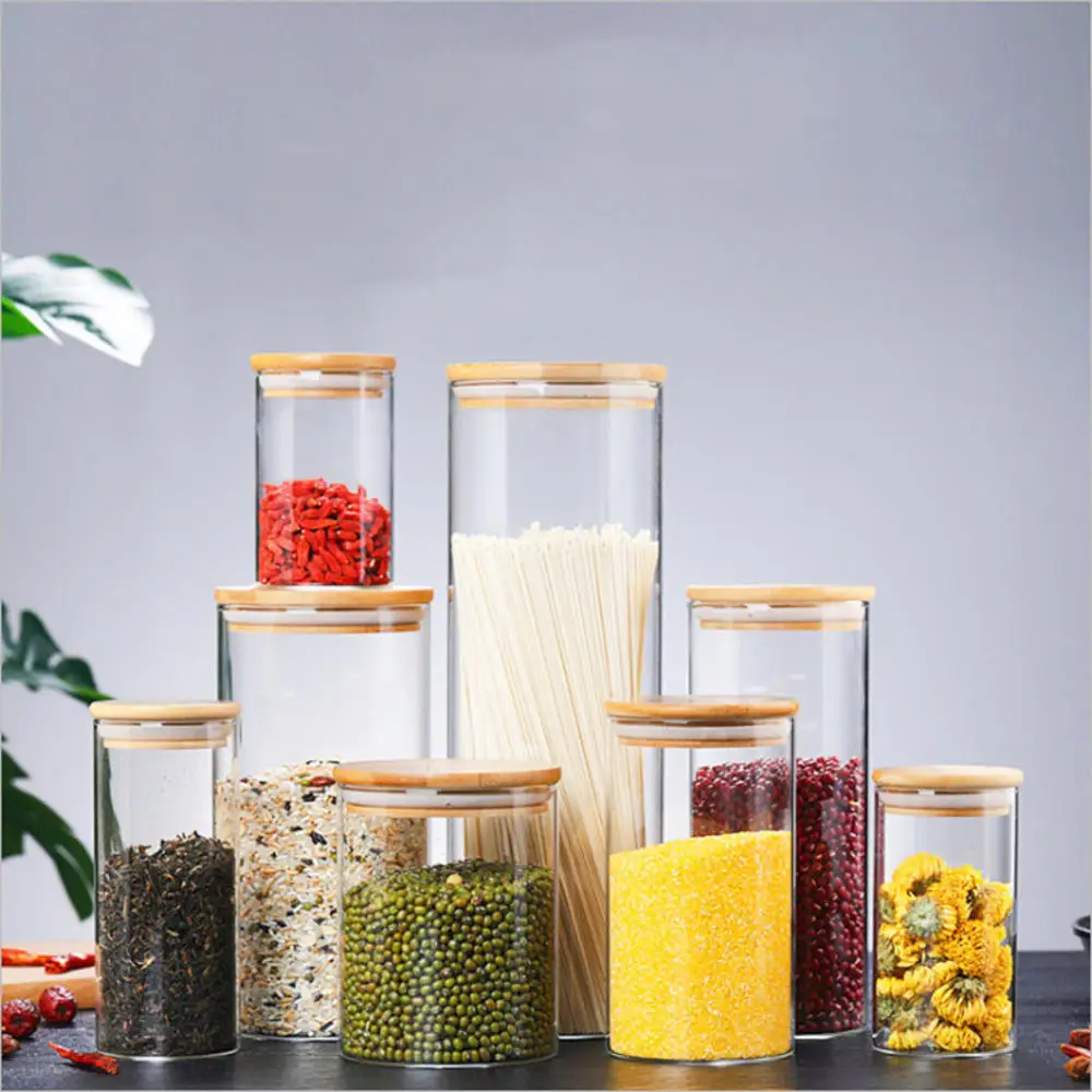 Glass Jar With Bamboo Lid Sealed Canister Food Storage Bottles Container Storage For Loose Tea Coffee Bean Kitchen Accessories 3