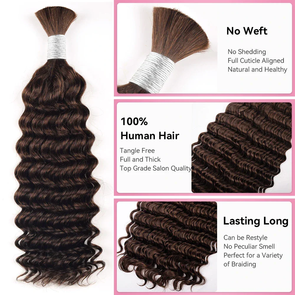 100g/PC #2 Dark Brown Deep Wave Human Hair Bulks Full End Vietnamese Virgin Hair Braiding No Weft Human Hair Extension 4