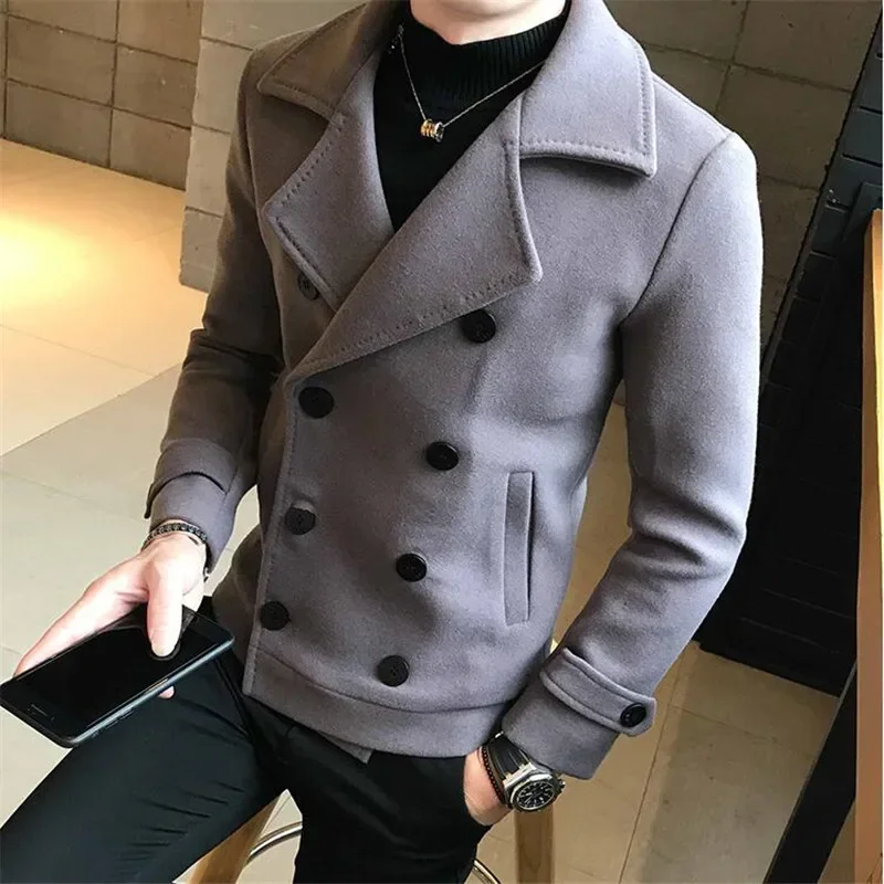 2023 New Fashion Men Double-Breasted Windbreaker Solid Color Slim Short Woolen Coat Winter Casual Warm Windbreaker Coat Size 5XL 4
