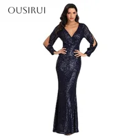 Sequined V-neck Split Long Sleeves Mermaid Prom Gown Floor Length Zipper Customized Evening Dresses vestidos de novia 3