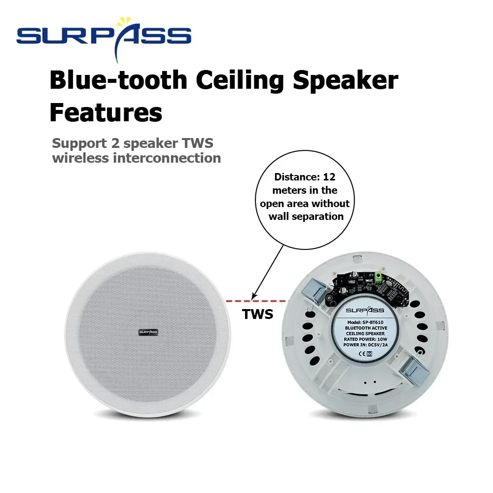 Bluetooth Speaker Ceiling 6inch 10W Recessed Wall Built-in Amplifier TWS Active For Home Theater