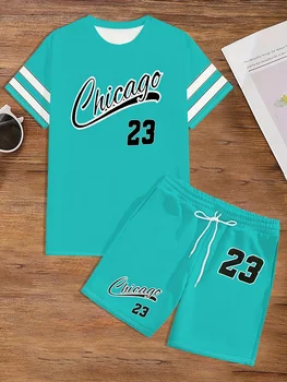 Summer 2025 New Men's suit, 23 printed clothes, men's short sleeves and shorts, 23 striped casual sporty polyester men's wear 2