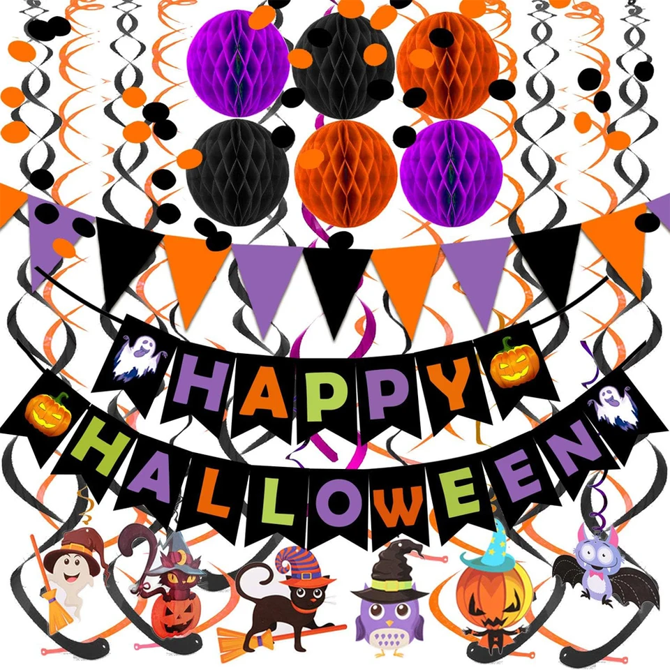 Kit Décoration Halloween Complet : Ballons Latex & Aluminium, Guirlandes, Bannière, Toile D'araignée - Pour Fête D'horreur Intérieure/extérieure