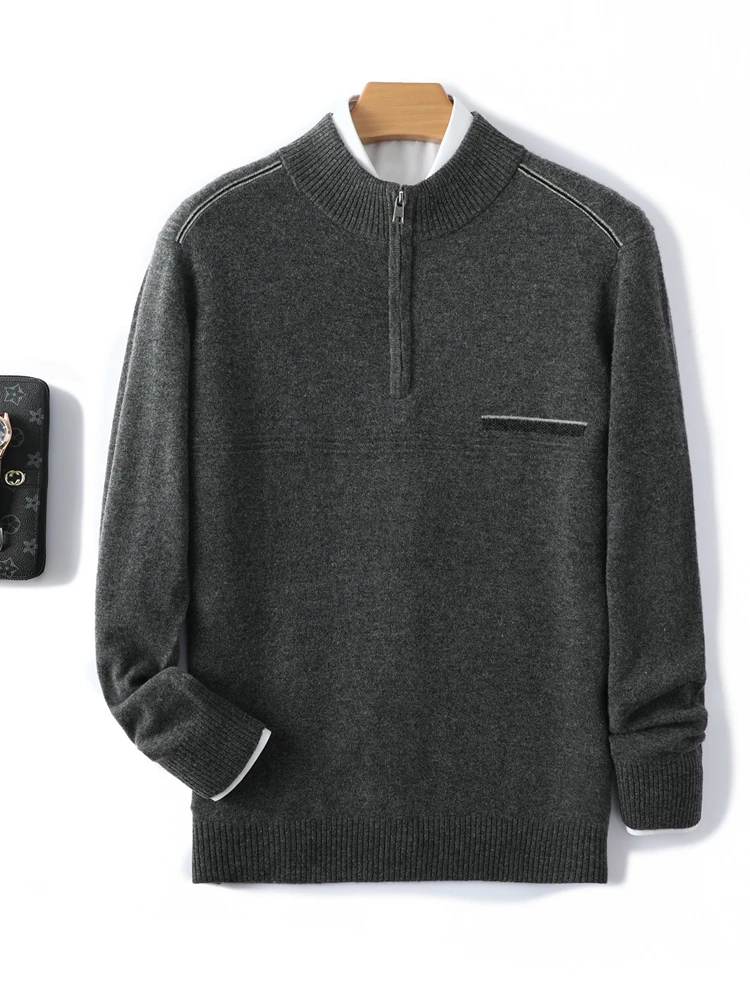 ANGEL 100% Merino Wool Men's Knitwear Sweater Mock Neck Zipper Pullovers Autumn Winter Smart Casual Cashmere Soft Male Clothes 6