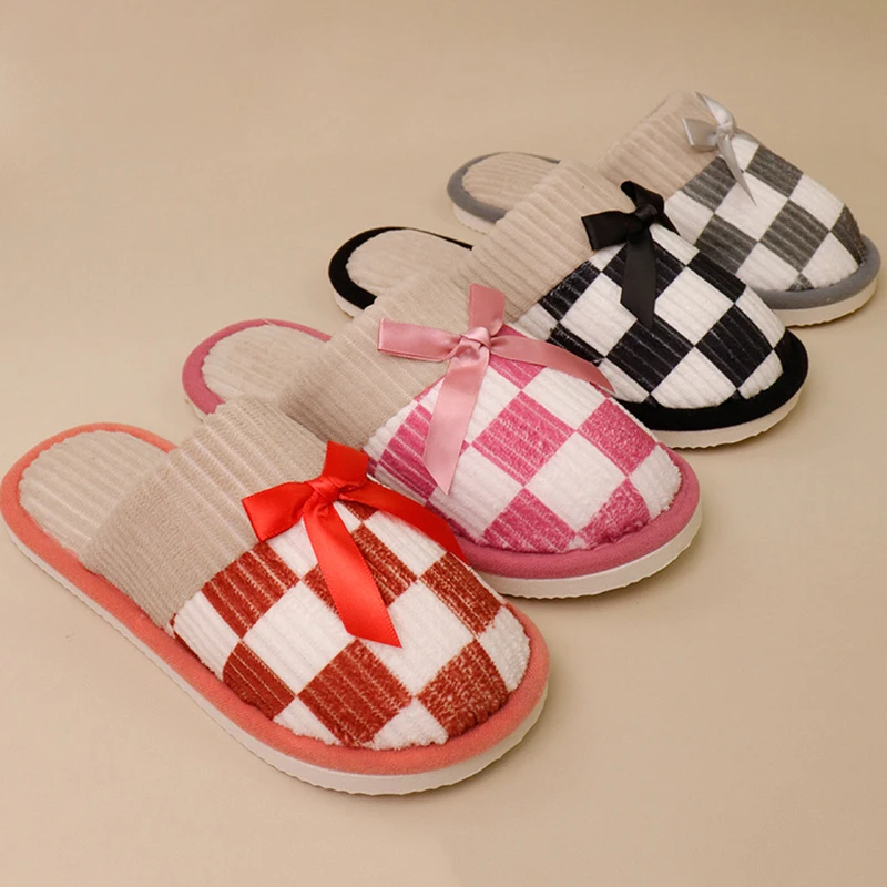 Mix Color Plaid Bowknot Cotton Slippers Women Comfort Soft Sole Non Slip Home Slipeprs Woman Thicken Plush Warm Fluffy Slides